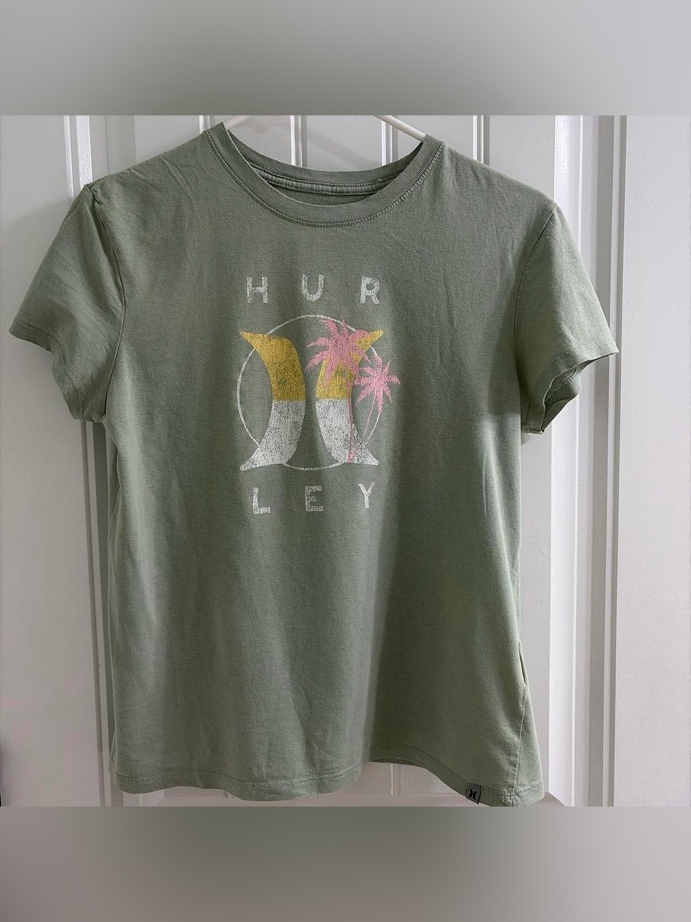 Hurley Olive Green Logo Tee with White Pink Yellow Print Surfer Girl XS
